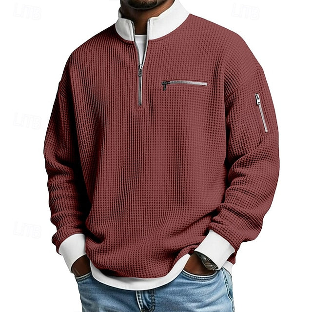 Men's Waffle T-shirt T Shirt Long Sleeve Traditional / Vintage Casual Color Block Zipper Pocket