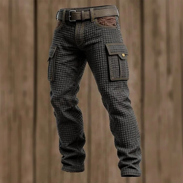 Men's Waffle Cargo Pants Trousers Casual Pants Patchwork Pocket Elastic Waist