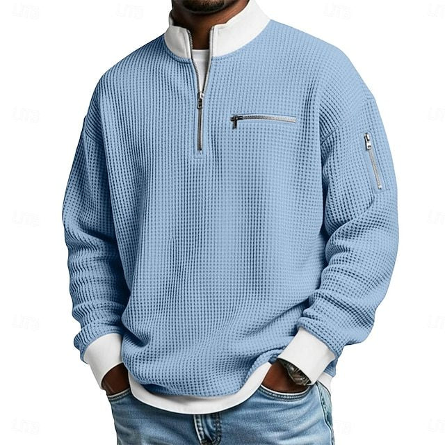 Men's Waffle T-shirt T Shirt Long Sleeve Traditional / Vintage Casual Color Block Zipper Pocket