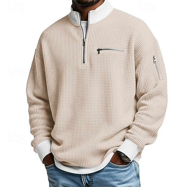 Men's Waffle T-shirt T Shirt Long Sleeve Traditional / Vintage Casual Color Block Zipper Pocket