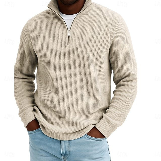 Men's Waffle Polo Shirts Outdoor Causal Fashion Modern Solid Color Textured Knitted Fall & Winter